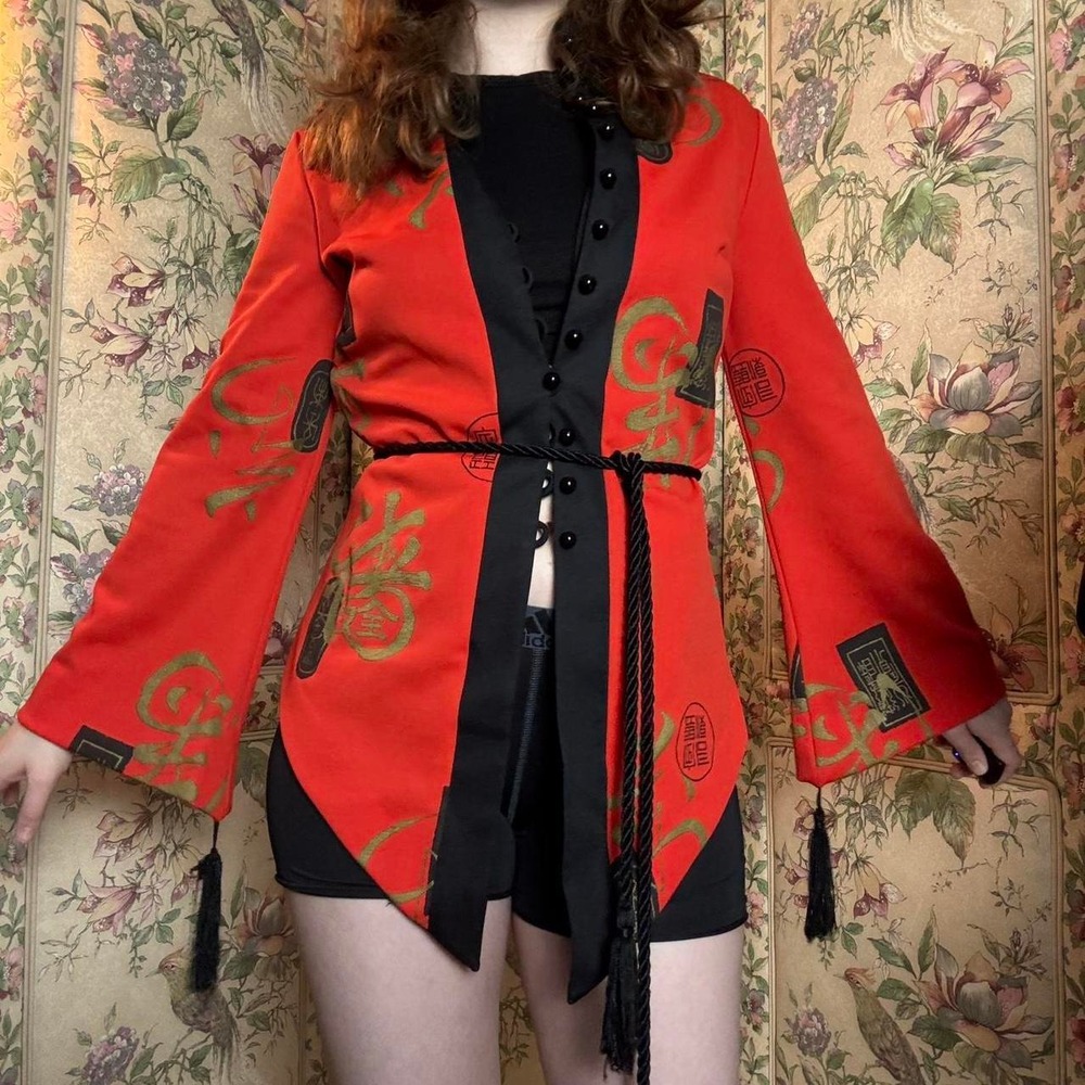 Alfred Shaheen Vintage 80s Chinese Art Inspired Orange Blouse Tassel Tunic Top